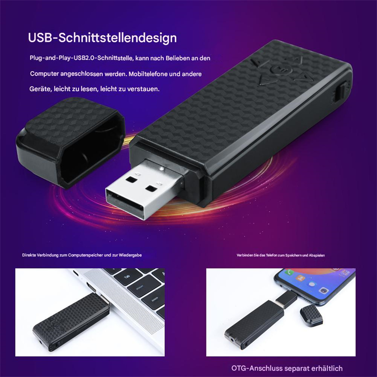 Ein schwarzer USB-Stick mit Kappe und zwei kleinen Bildern, die ihn an einem Laptop und Telefon zeigen.