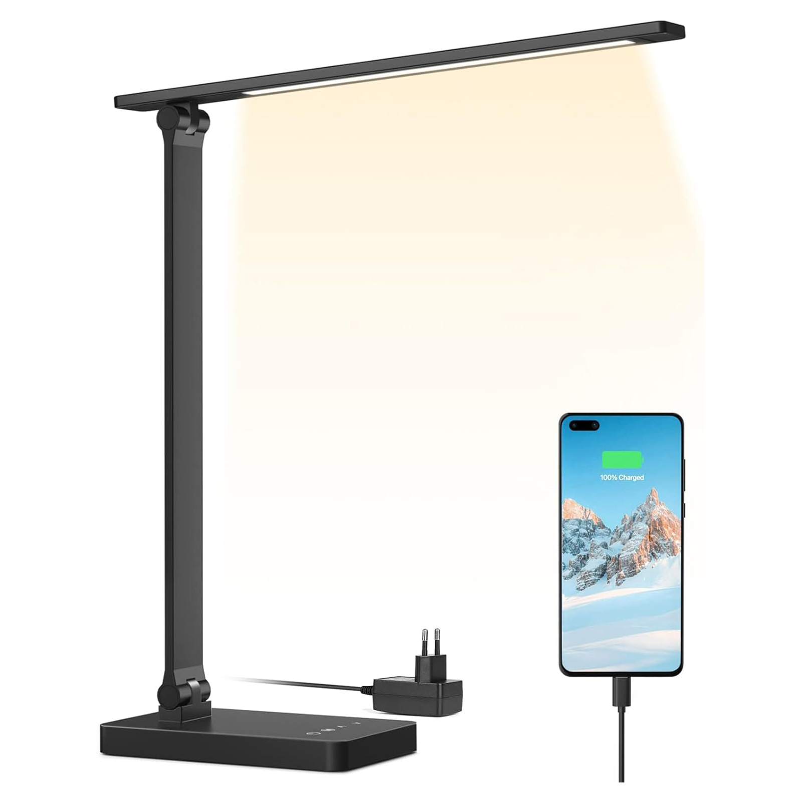 Schwarze Schreibtischlampe mit Ladetelefon. Die Lampe hat ein Licht, und das Telefon sagt 100 %.