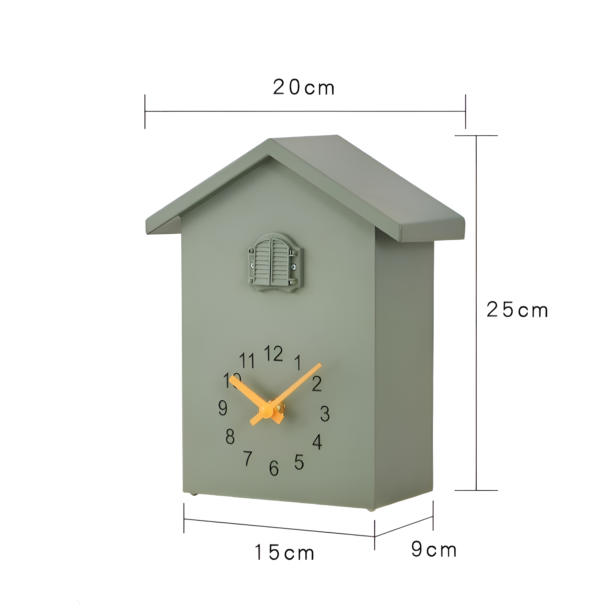 Grüne vogelnhausförmige Uhr mit gelben Zeigern. Maße: 20x25x15x9cm. Es hat ein kleines Fenster.
