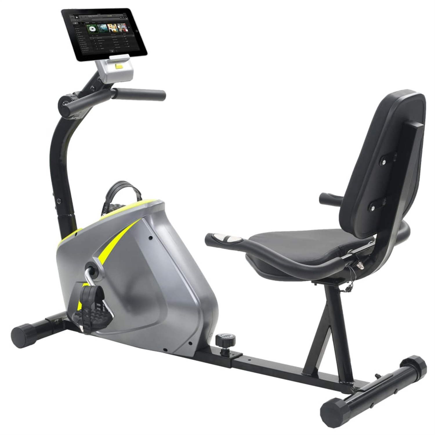 Ein graues und schwarzes Liege-Ergometer mit einem Bildschirm. Sitz und Rücken sind schwarz.