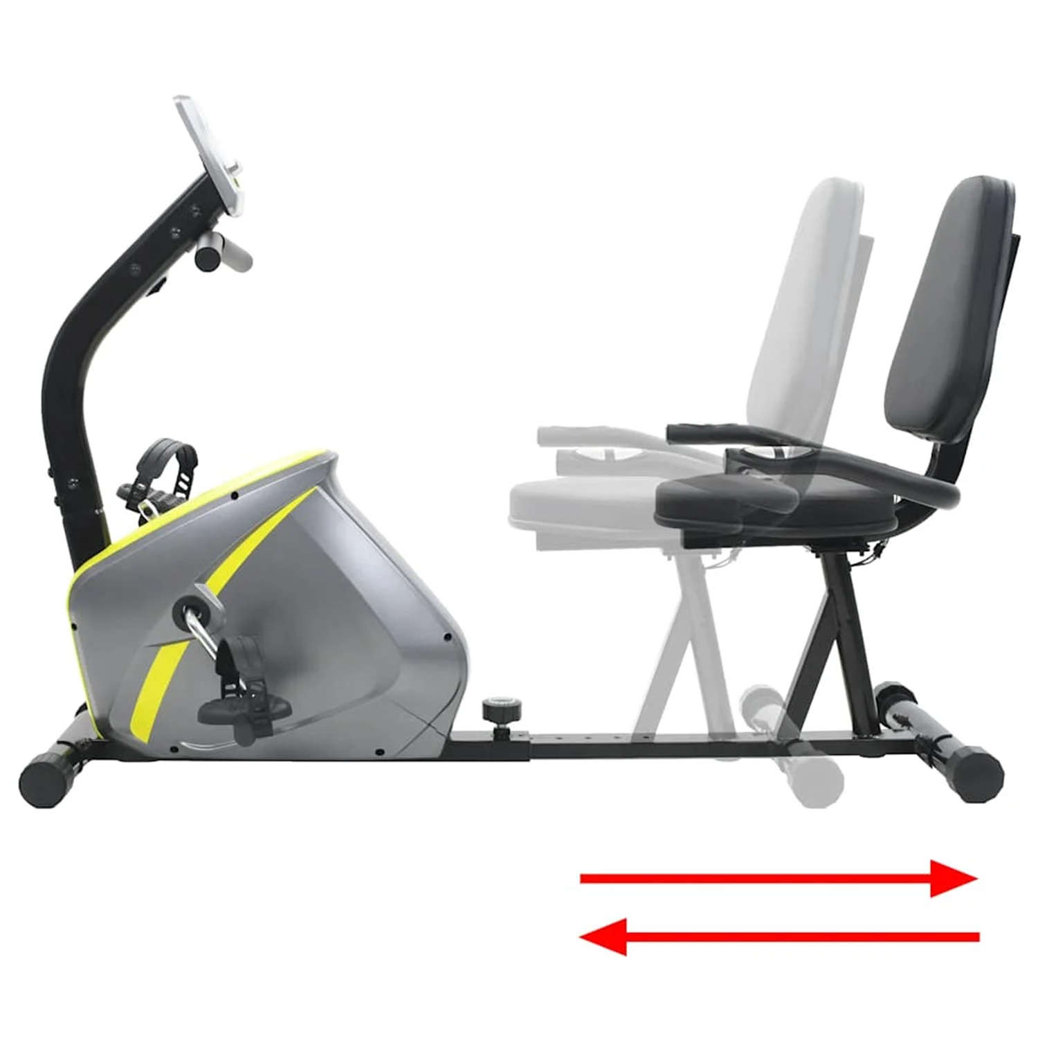 Liegefahrrad mit Sitzeinstellpfeilen und grau/gelbem Körper.