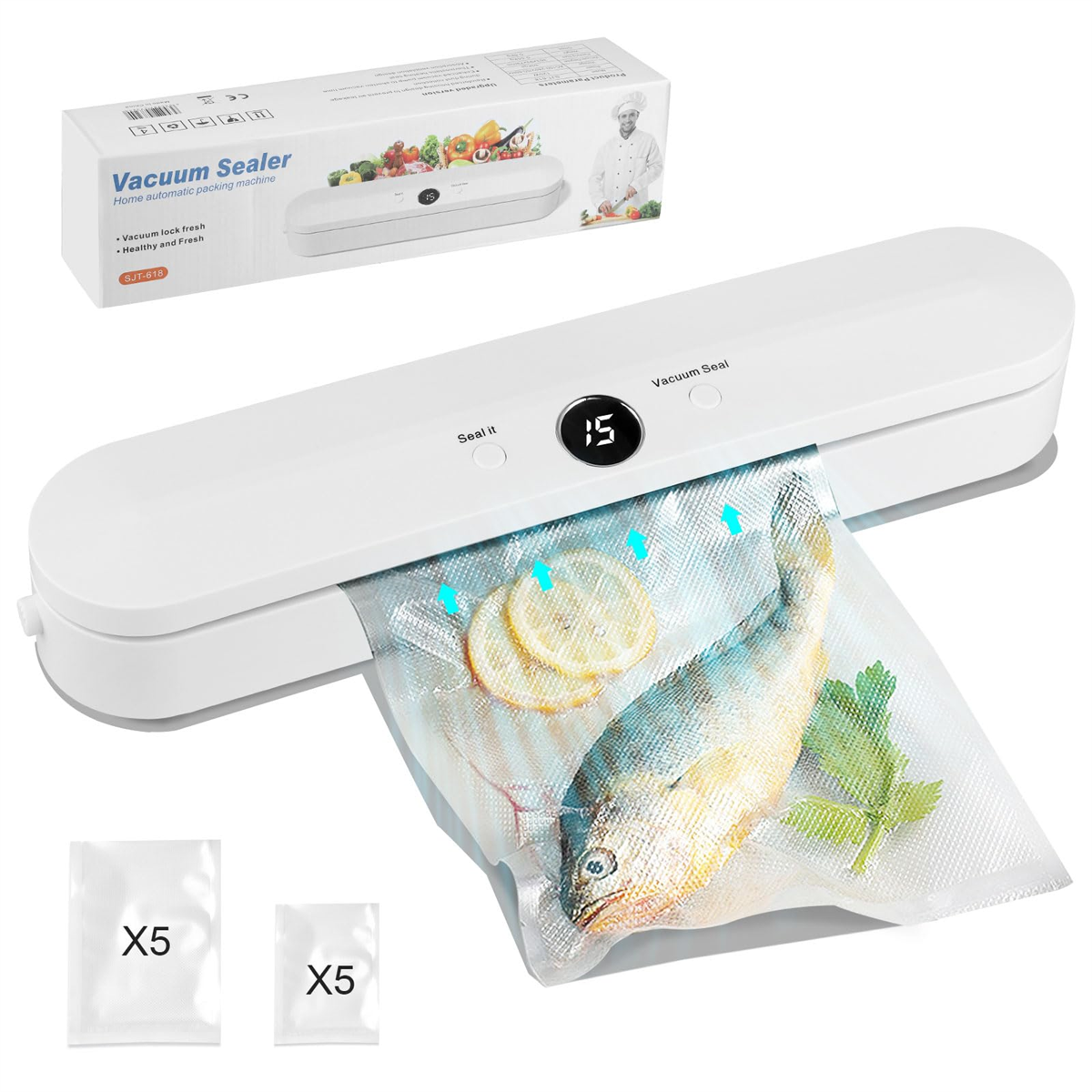 Weißer Vakuumierer mit Beutel mit Fisch und Zitronenscheiben, mit zusätzlichen Beuteln.