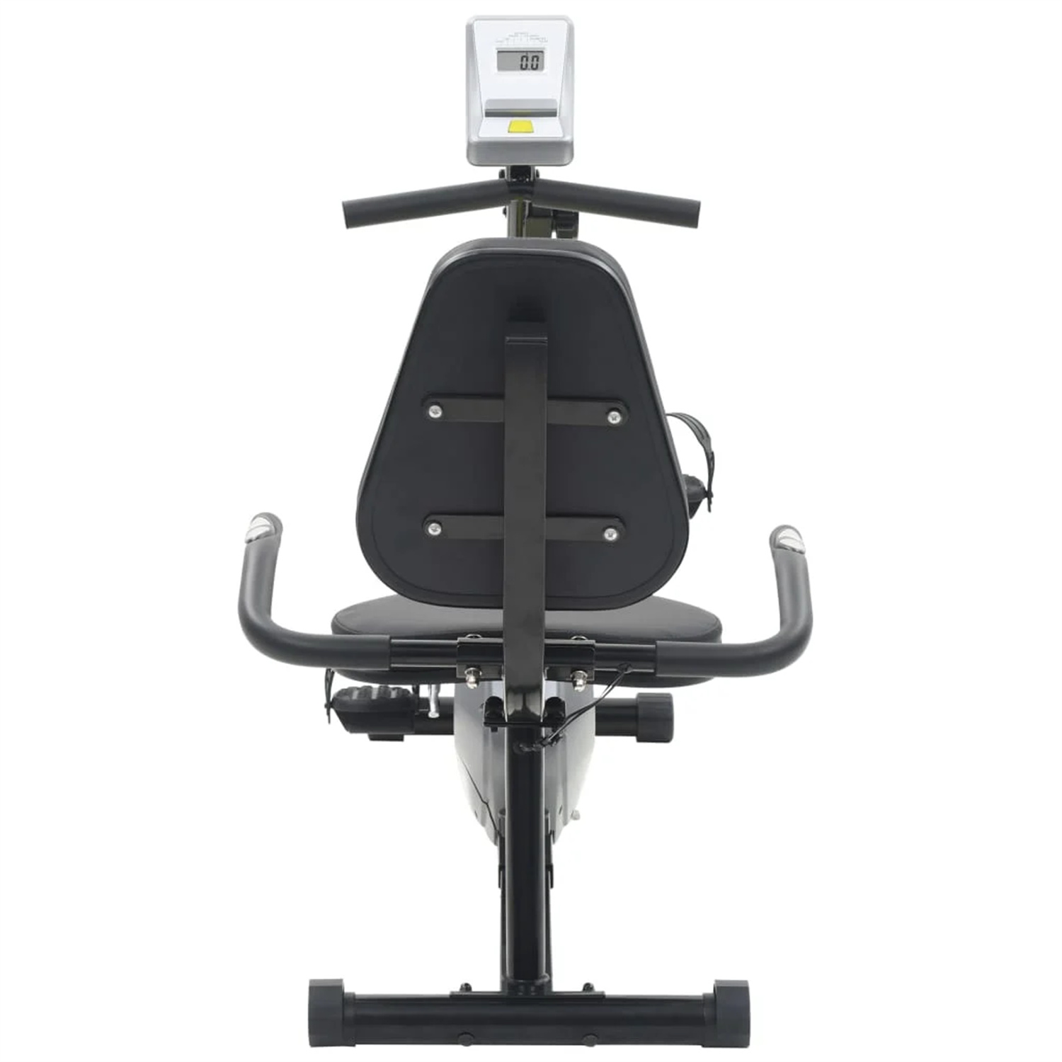 Heimtrainer. Er ist schwarz und hat einen Sitz, Griffe und ein Display. Weißer Hintergrund.