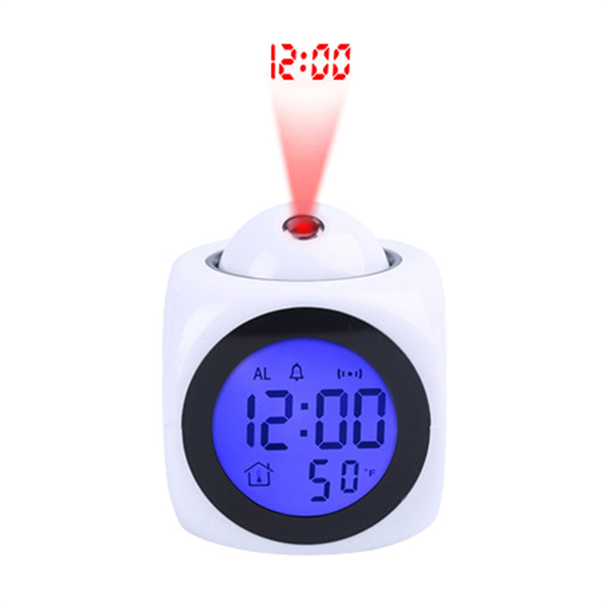 Ein weißer Würfel-Wecker, der die Uhrzeit in Rot an die Decke projiziert, 12:00 Uhr anzeigend.