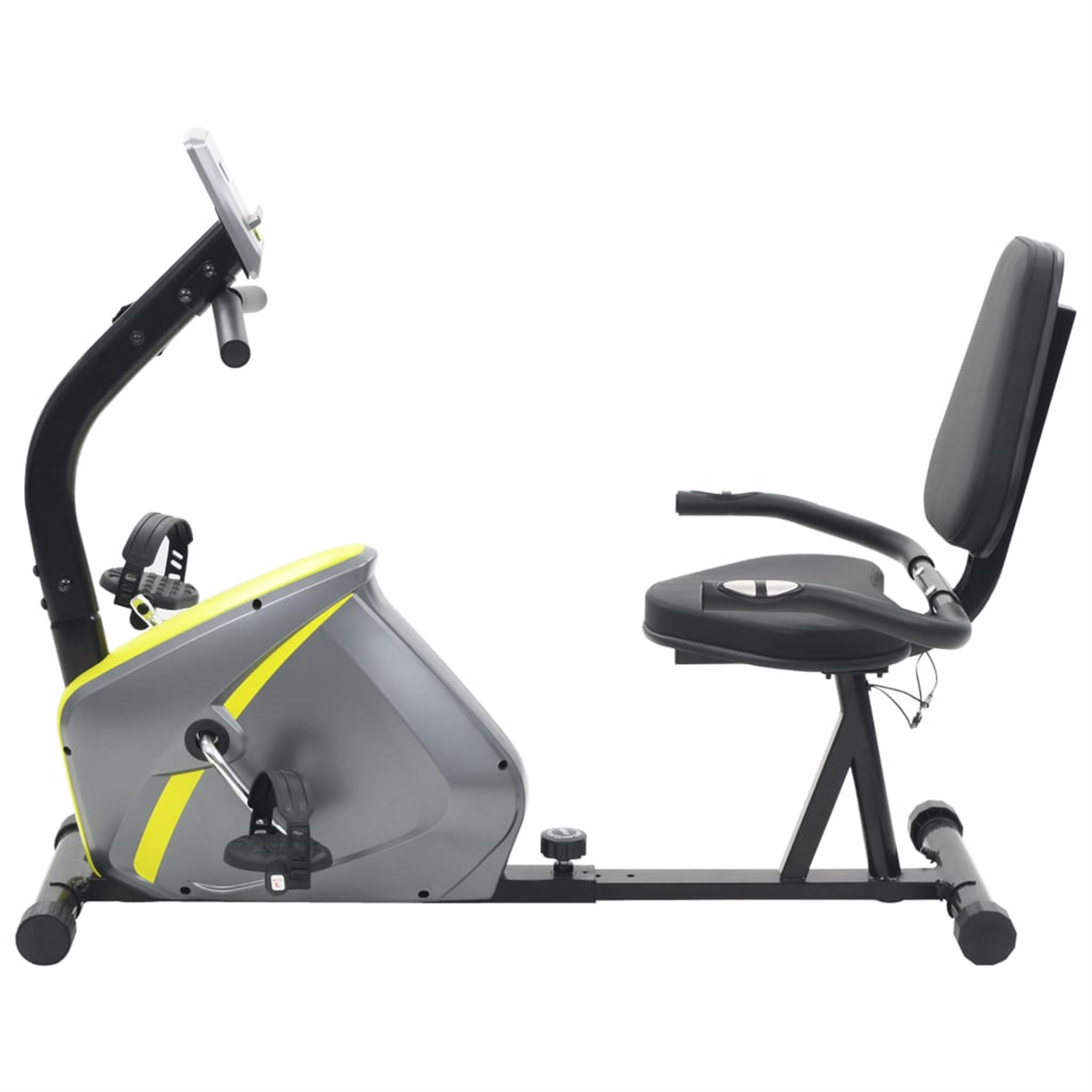 Liege-Heimtrainer mit grau-gelbem Körper, schwarzem Sitz und Pedalen. Weißer Hintergrund.