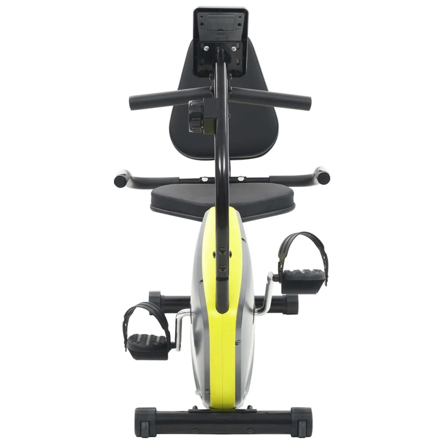 Liege-Heimtrainer. Gelb und schwarz, mit Pedalen und Sitz. Von vorne gesehen.