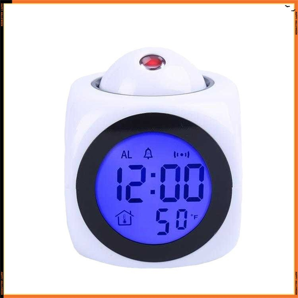 Eine weiße Digitaluhr mit blauem Display, die Zeit und Temperatur anzeigt.