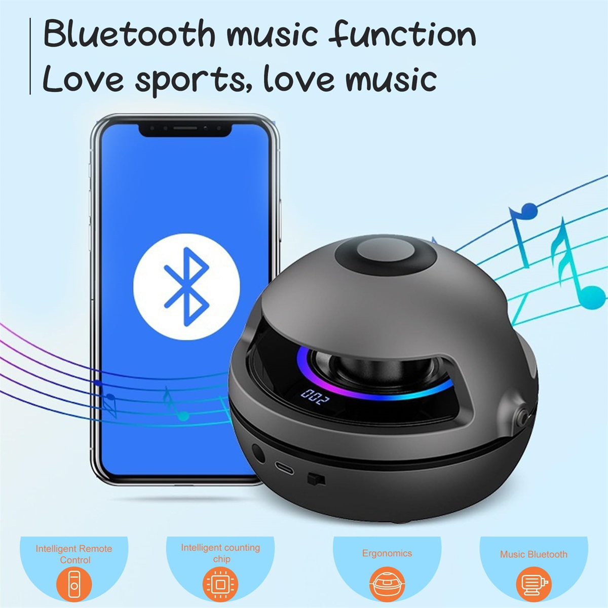 Ein schwarzer und grauer Lautsprecher mit Smartphone, das ein Bluetooth-Symbol anzeigt. Vier Informationssymbole.
