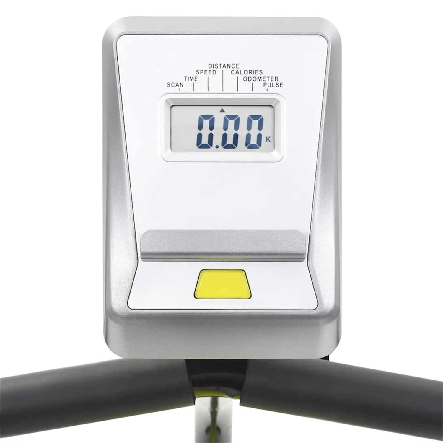 Ergometer-Konsole mit Digitalanzeige mit 0,00. Silberne und gelbe Details.