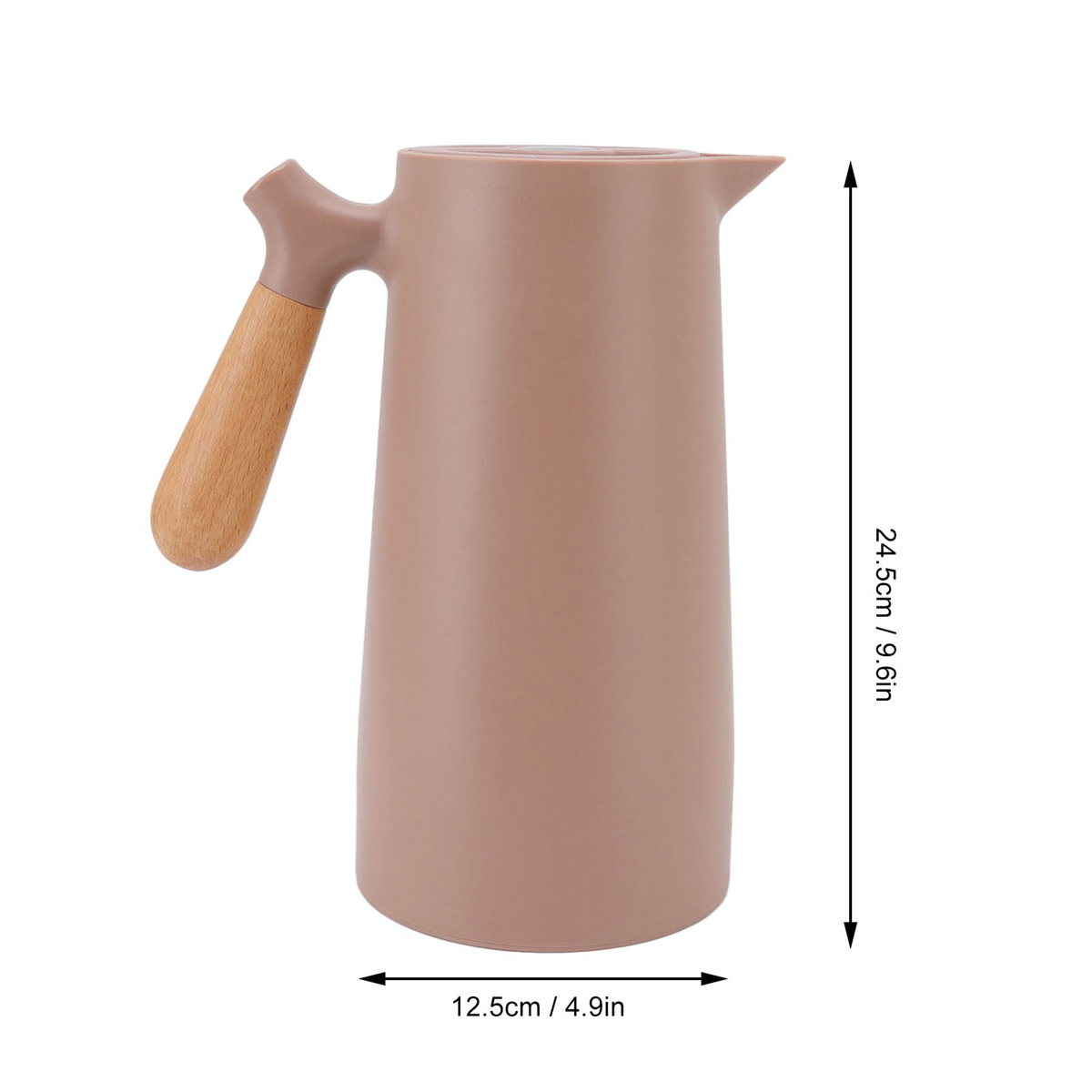 Eine beige isolierte Thermoskanne mit Holzgriff, mit Größenangaben an der Seite.