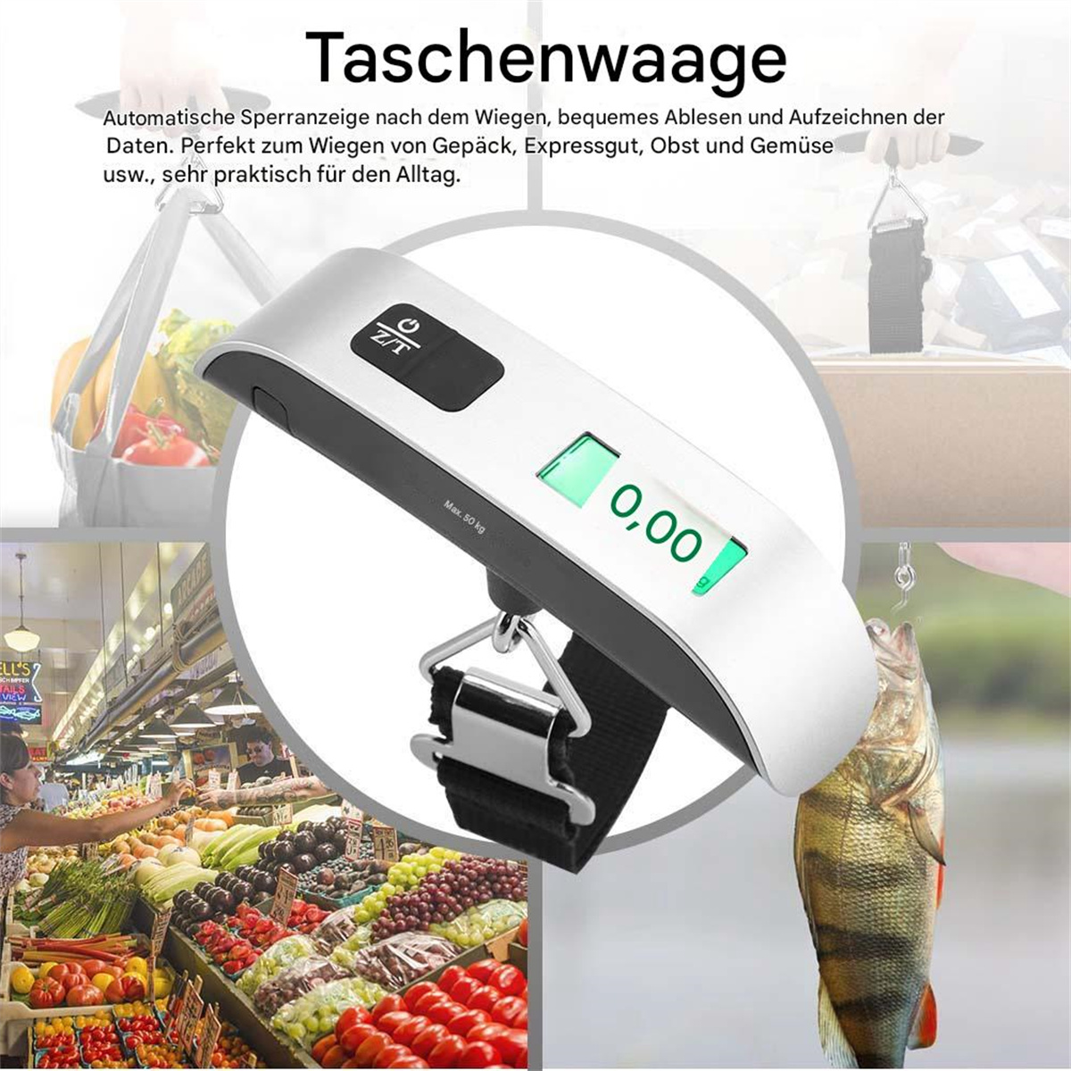 Eine digitale Waage mit Fisch und einer Person auf einem Markt im Hintergrund.