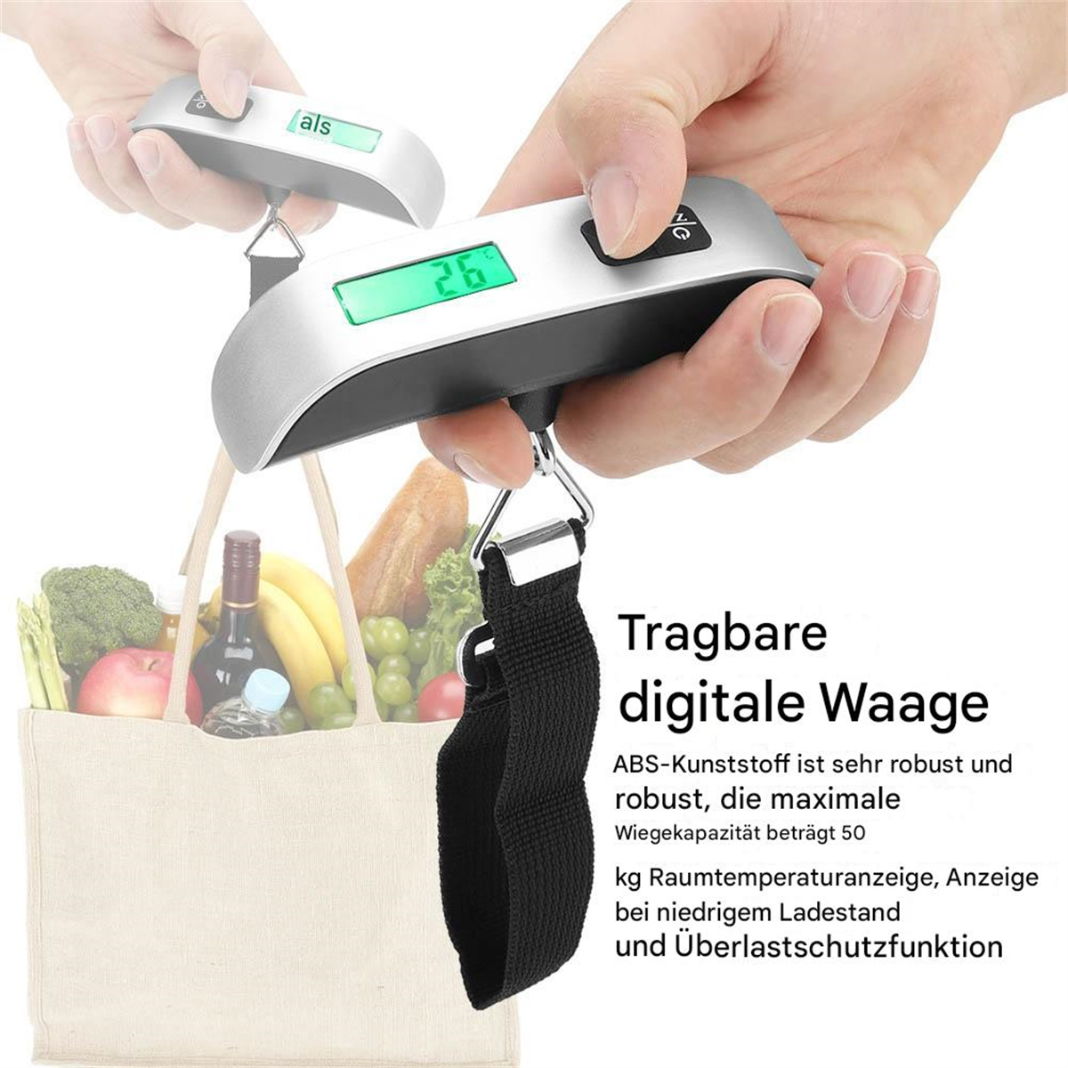 Digitale Gepäckwaage mit Tasche. Die Waage zeigt 26,0. Text sagt: Tragbare digitale Waage und weitere Details.