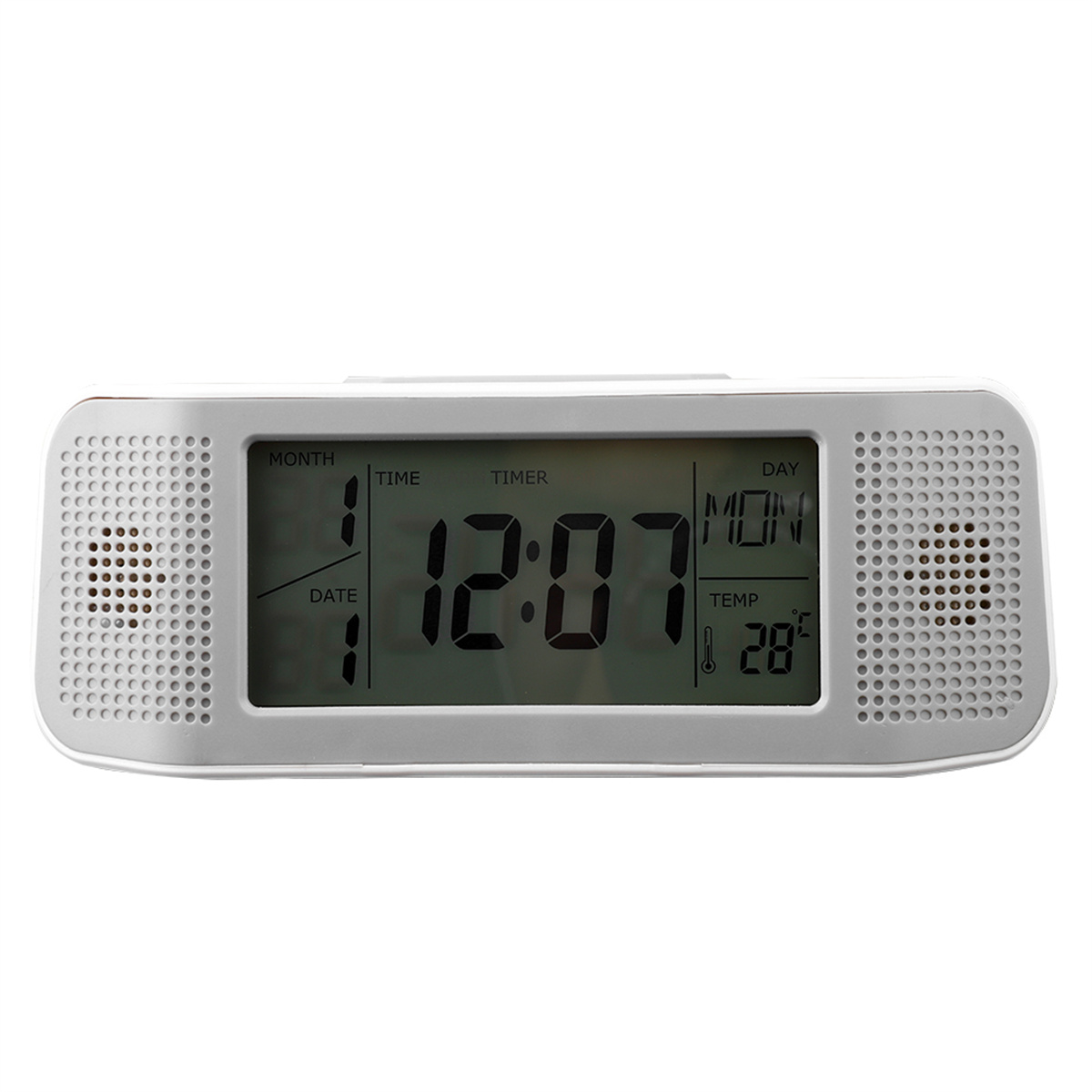 Eine weiße Digitaluhr mit großer Zeitanzeige und zusätzlichen Informationen wie Datum und Temperatur.