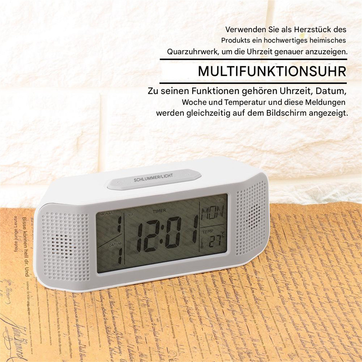 Weißer digitaler Wecker mit Anzeige von Uhrzeit, Datum und Temperatur.