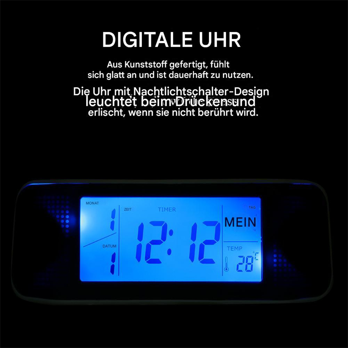 Blaue Digitaluhr, die 12:12 und 28 Grad Celsius anzeigt. Text auf Deutsch.