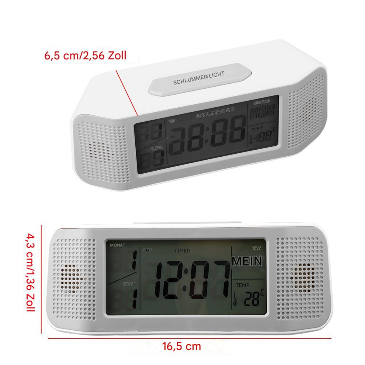 Weißer digitaler Wecker mit Messungen, zeigt Zeit und Temperatur, und Text.