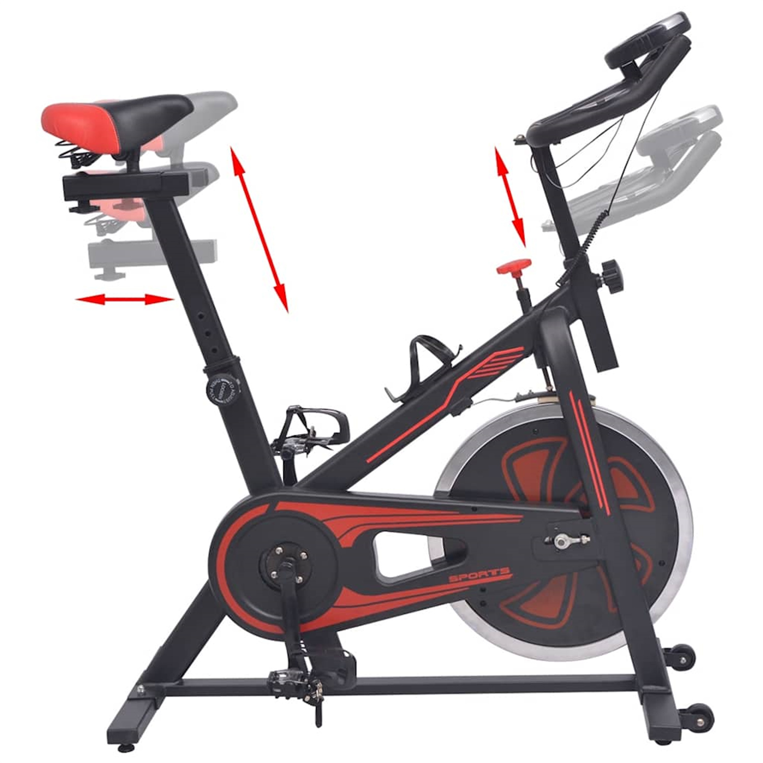 Indoor-Heimtrainer mit roten Akzenten, der verstellbaren Sitz und Lenker zeigt.