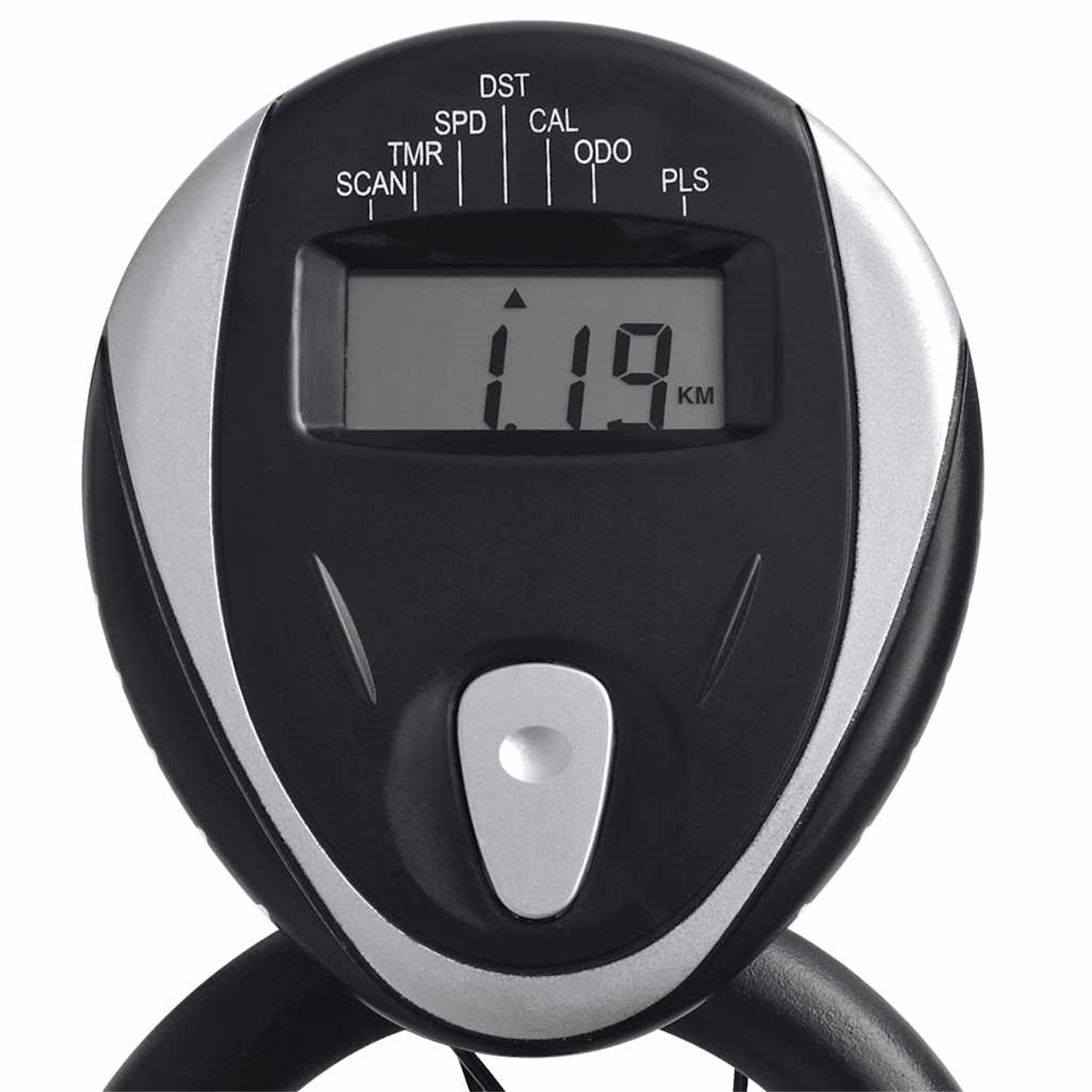 Schwarzes Trainingsfahrrad-Display. Zeigt: KM, SPD, TMR, DST, CAL, ODO, PLS. Das Display ist an.