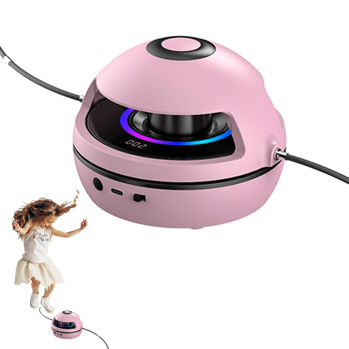 Ein rosa intelligentes Springseil. Ein Kind springt mit dem Seil.
