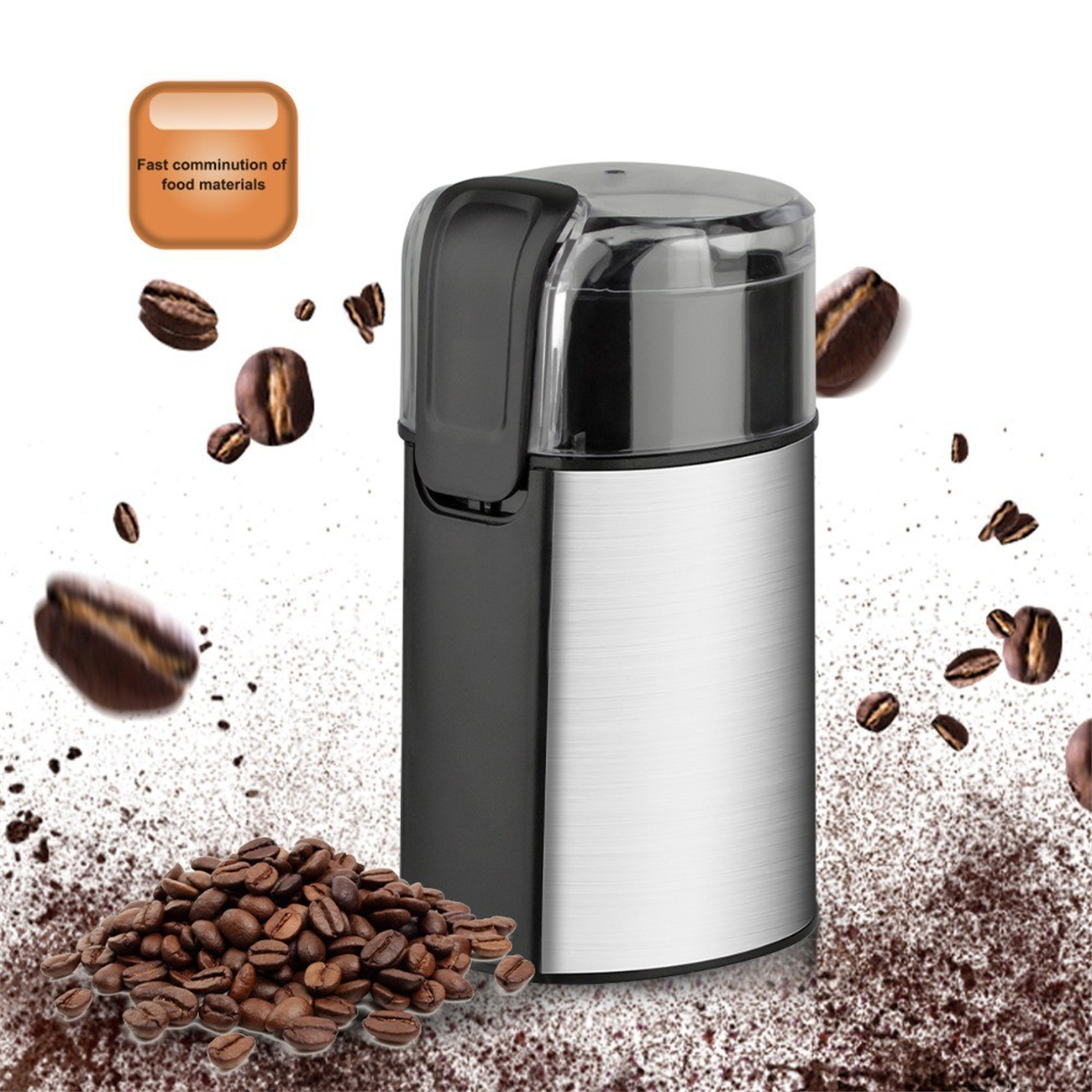 Kaffeemühle mit Kaffeebohnen und Pulver. Edelstahlkörper, schwarzer Deckel und Vorderseite.