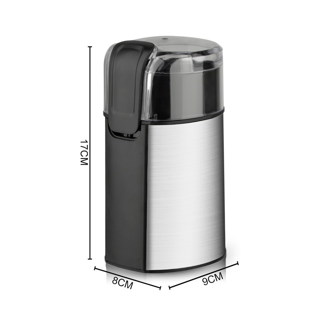 Silber- und schwarze Kaffeemühle. Die Abmessungen sind angegeben. Die Mühle steht auf weißem Hintergrund.