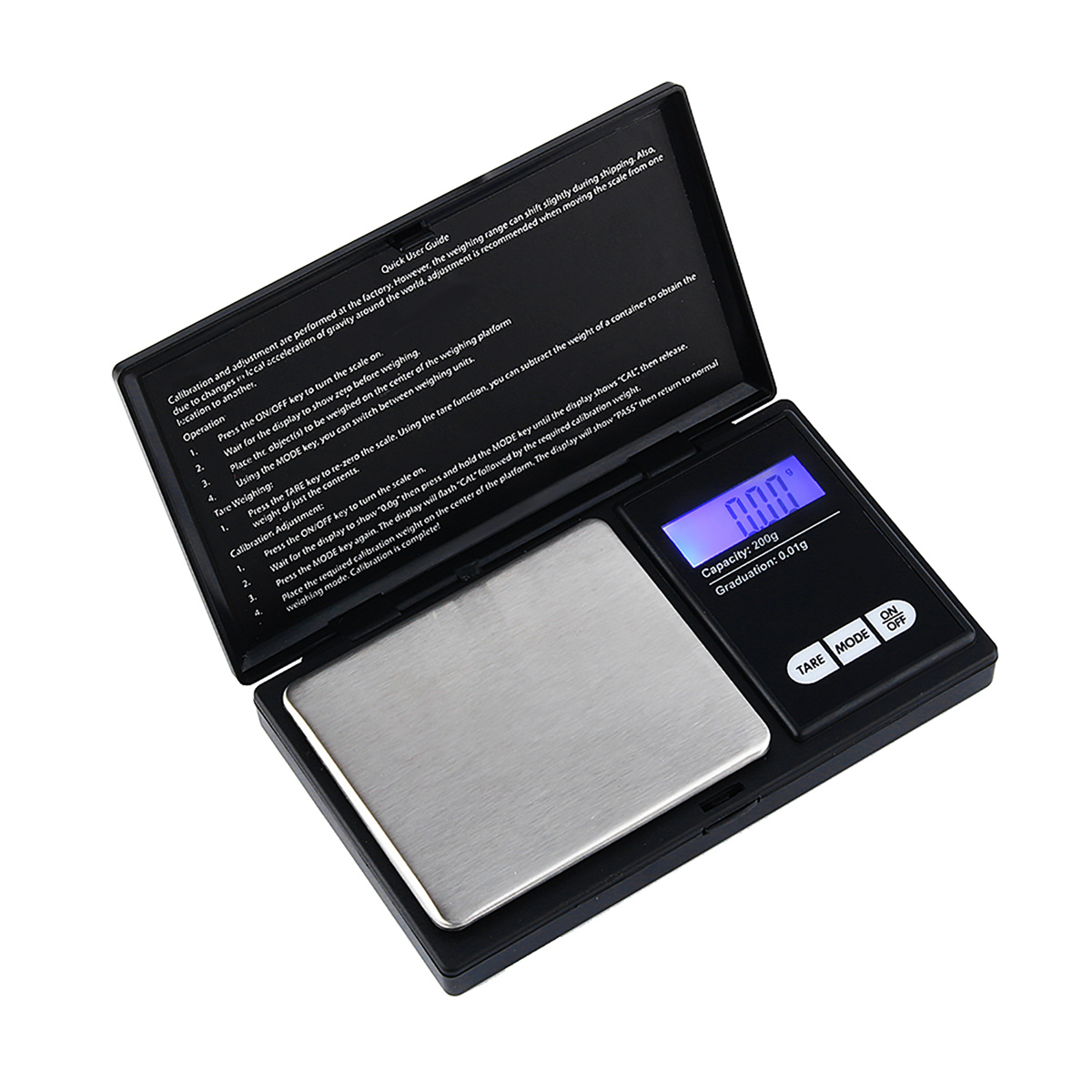 Eine schwarze, offene digitale Taschenwaage mit Metallwiegefläche und schwarzer Anzeige.