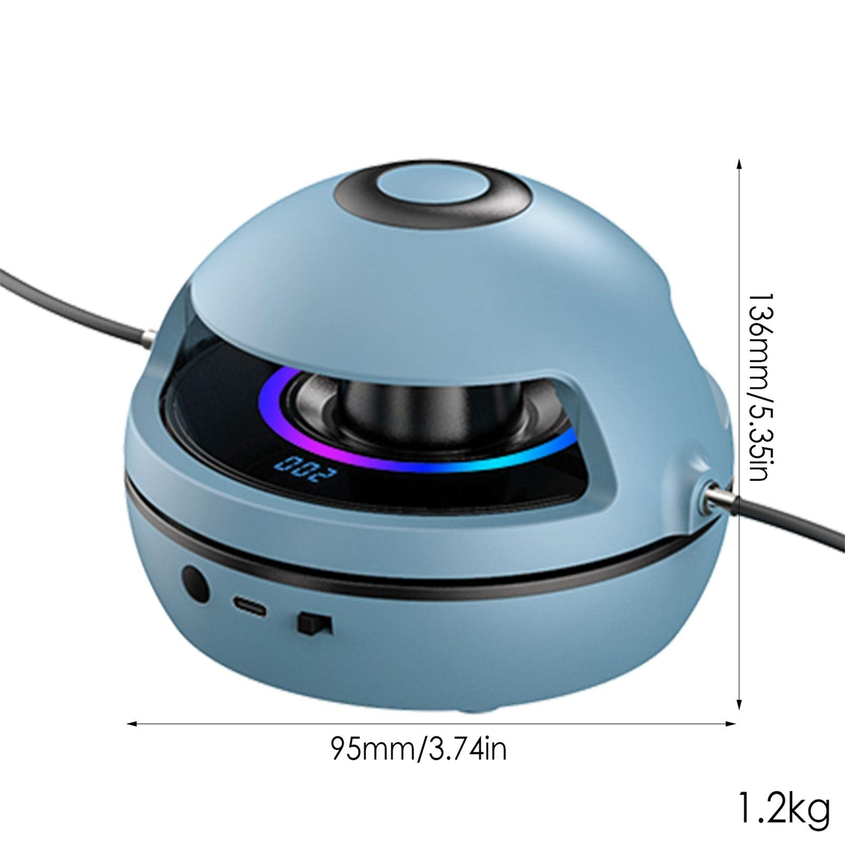 Ein blauer, runder Lautsprecher mit Abmessungen und einem schwarzen Kabel, mit einem Lichtring im Inneren und USB- und Stromanschlüssen.