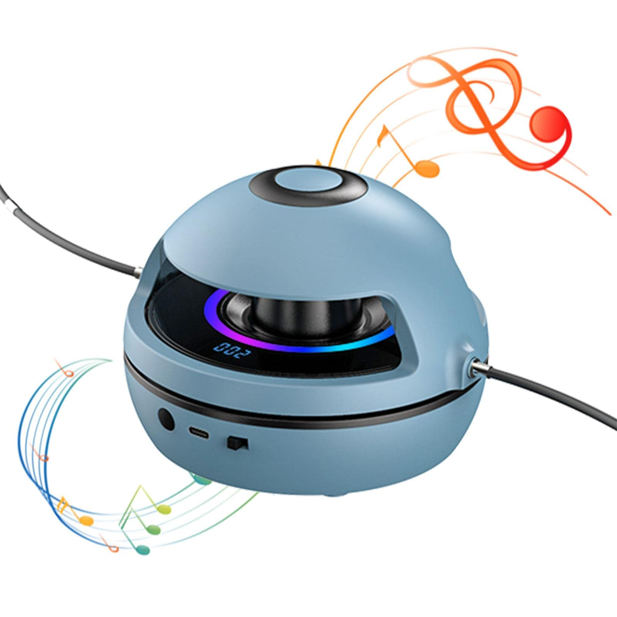 Blaue Smart-Seilspringmaschine. Buntes Licht und Noten werden auf einem Holzboden angezeigt.