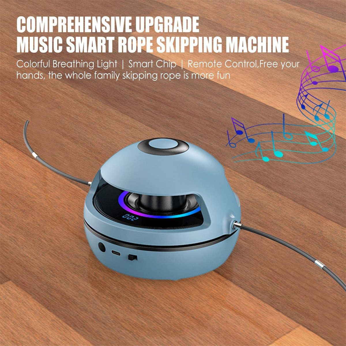 Blaue Smart-Springseilmaschine auf Holz. Zeigt '002'. Text: 'Music Skipping Rope Machine'.