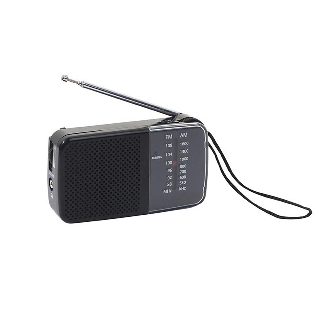 Kleines schwarzes tragbares Radio mit Antenne. Einstellrad und Frequenzanzeige sichtbar.