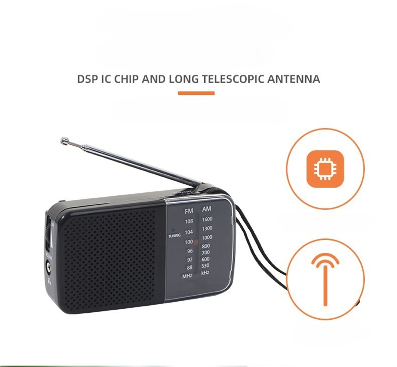 Schwarzes Radio mit Abstimmungs- und Frequenzeinstellungen. Der Text lautet DSP IC Chip und Long Telescopic Antenna.