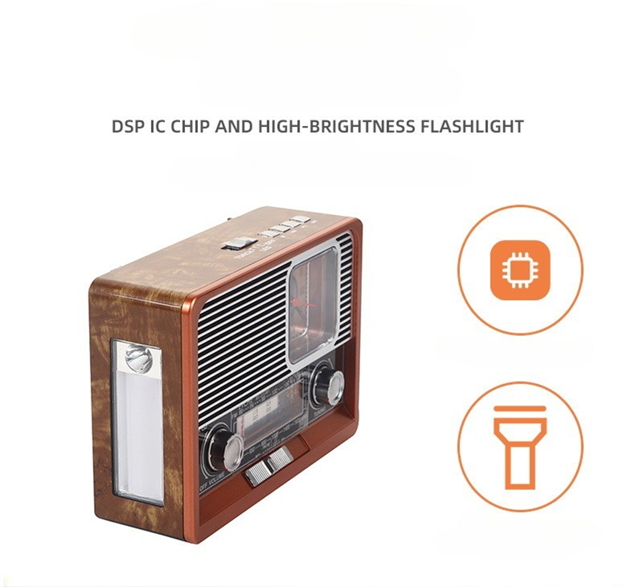 Holzradio im Retro-Stil mit Digitalanzeige und einer hochhellen Taschenlampe. Orangefarbene Symbole befinden sich auf der rechten Seite.
