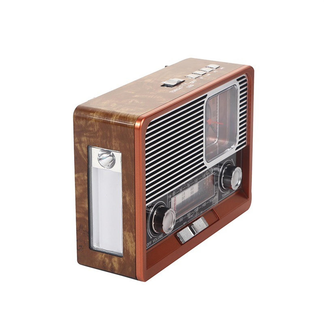 Ein Retro-Radio mit Holzfinish und Uhranzeige. Es hat Drehknöpfe, einen Lautsprechergrill und ein weißes Lichtfeld.