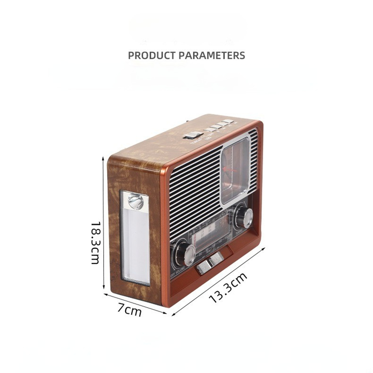 Ein Retro-Radio aus Holz mit schwarzen Akzenten. Es hat Abmessungen und einen weißen Hintergrund.