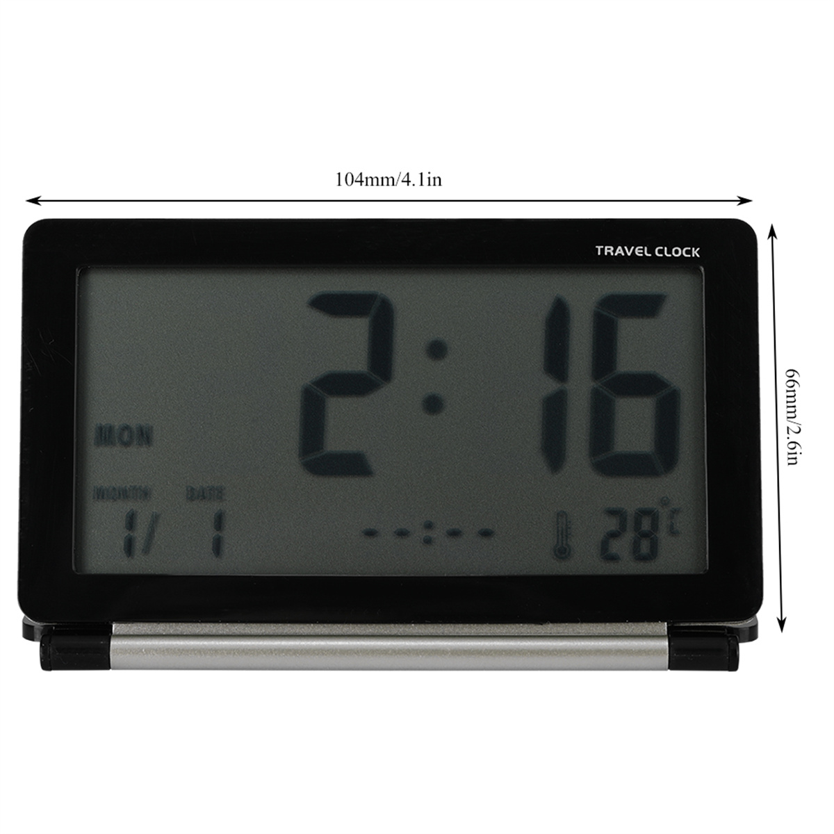 Schwarze digitale Reiseuhr mit Zeit-, Datums- und Temperaturanzeige. Abmessungen werden angezeigt.