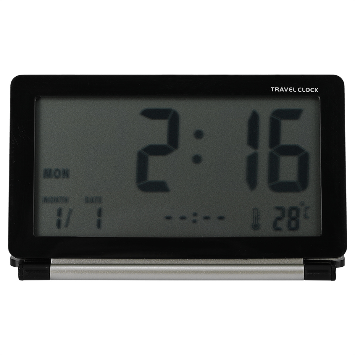 Eine schwarze Reiseuhr, die Zeit, Datum und Temperatur anzeigt, auf weißem Hintergrund.