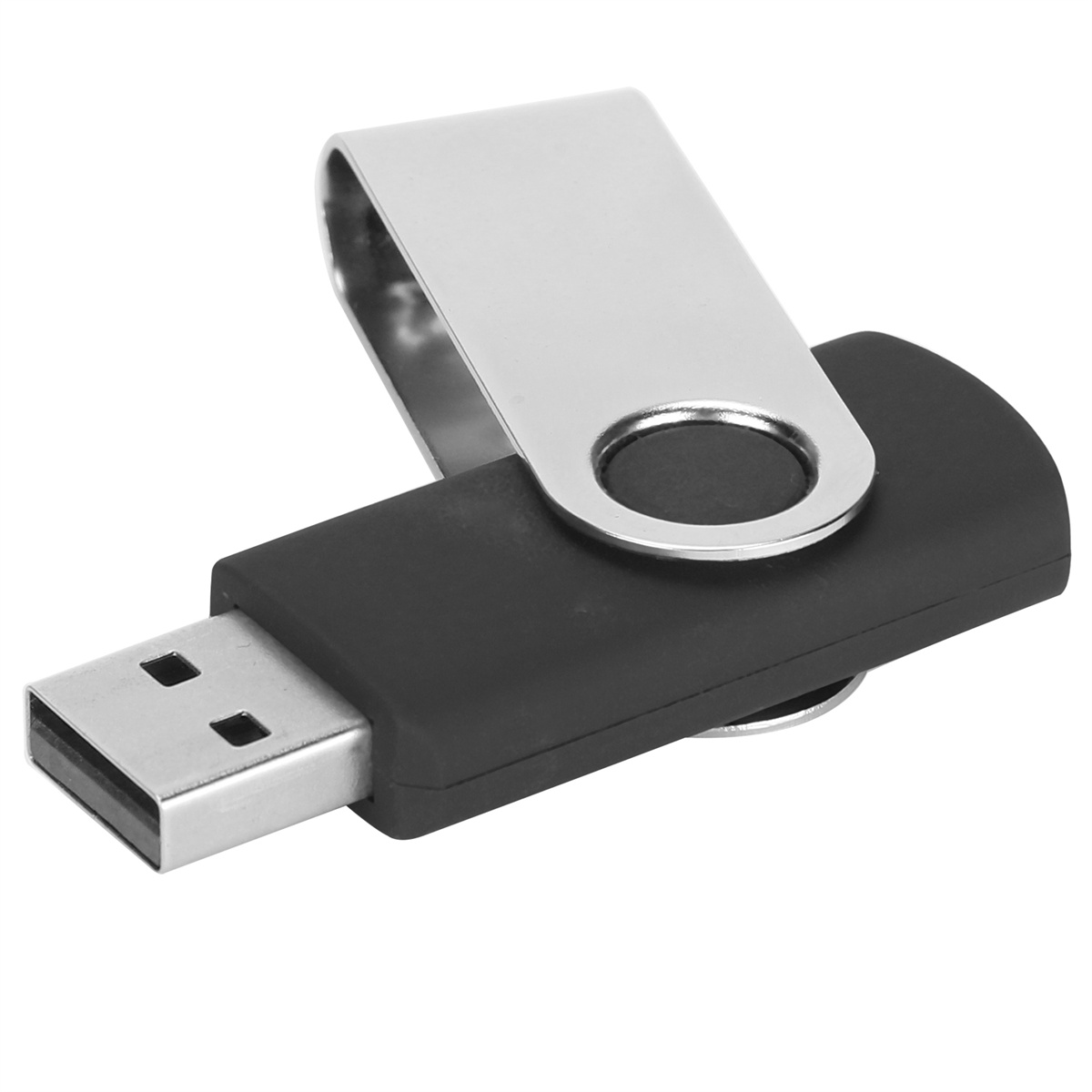 USB-Stick mit silbernem Drehdeckel und schwarzem Gehäuse.