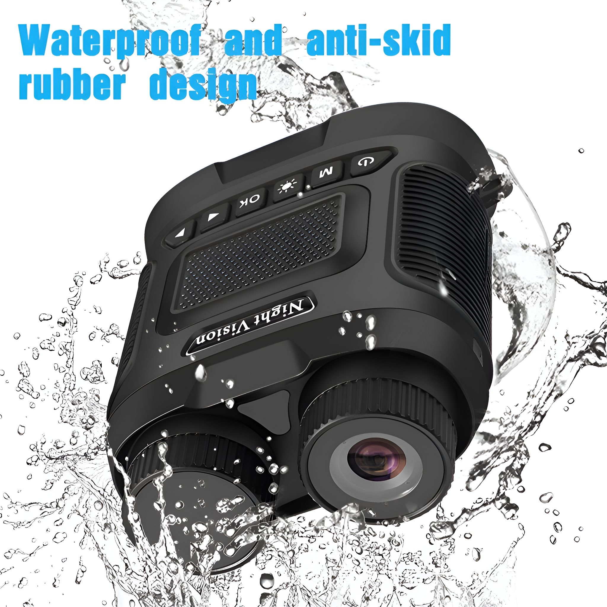 Nachtsichtgerät in Schwarz mit Wassertropfen. Text: Wasserdichtes und rutschfestes Gummi-Design. Weißer Hintergrund.