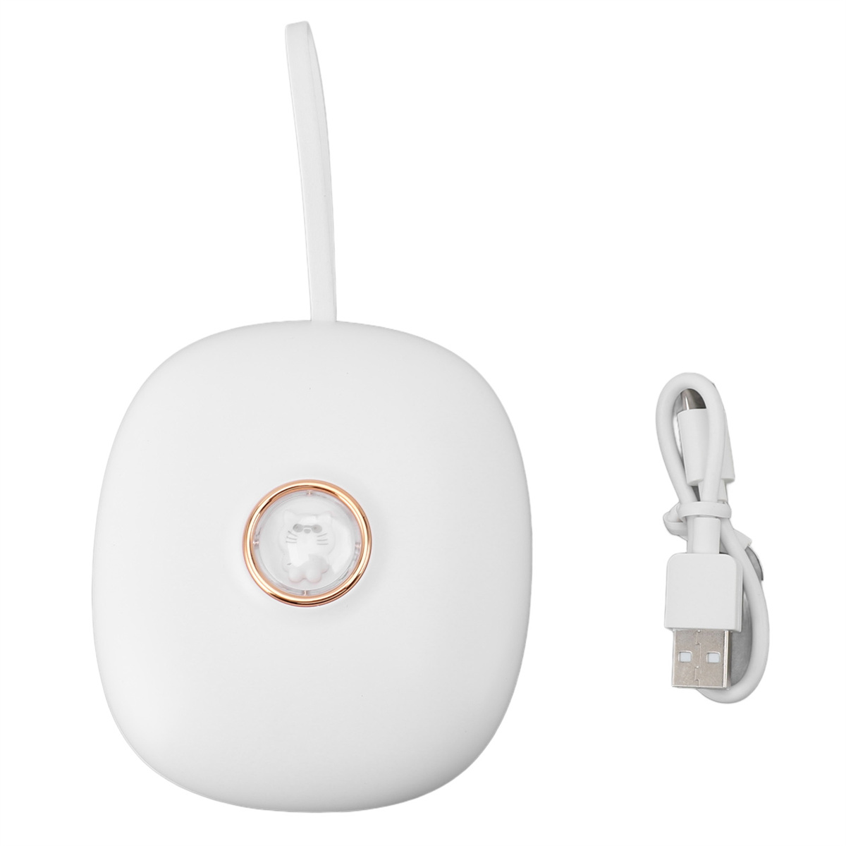 Weißes, ovales Gerät mit Griff und USB-Kabel.