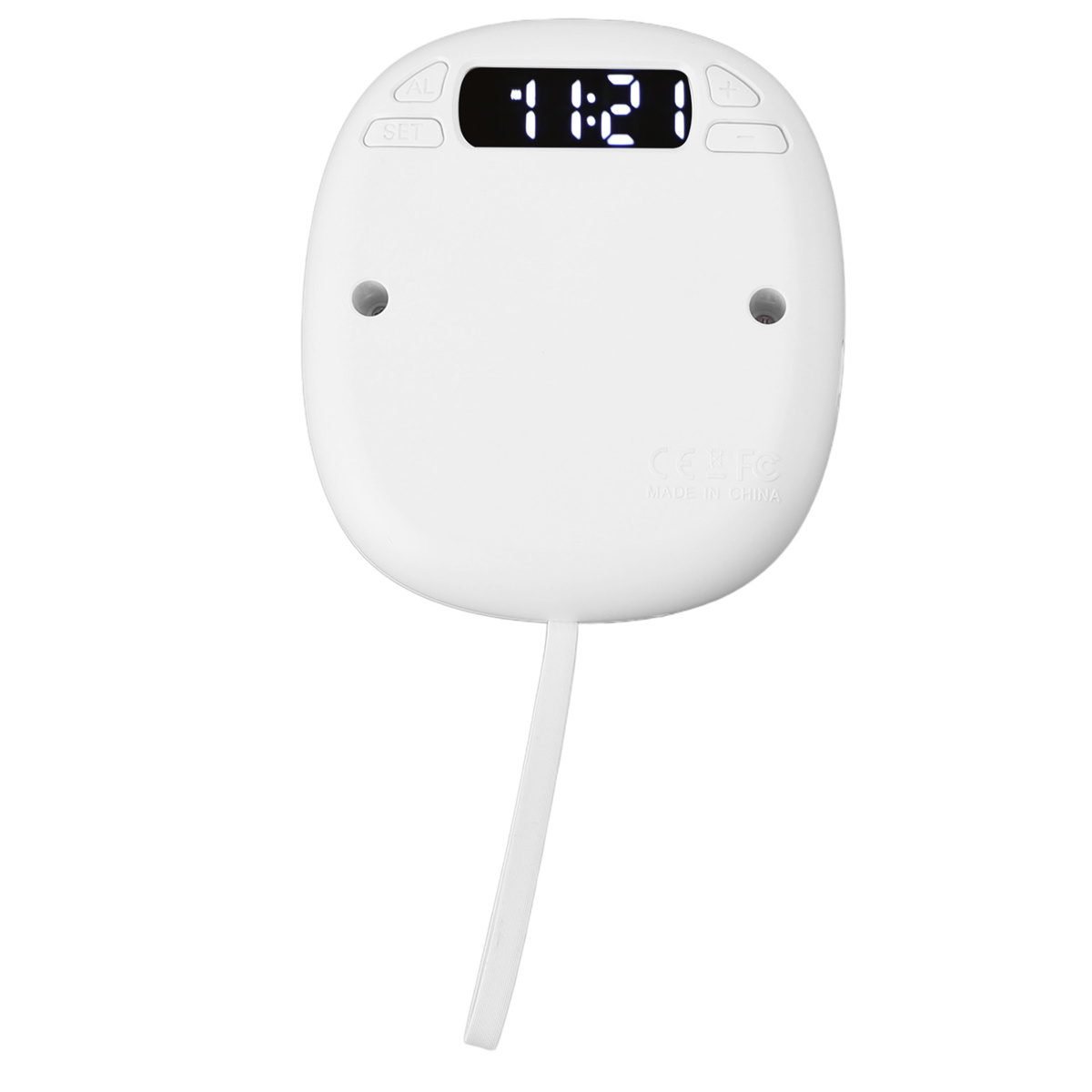 Weißer digitaler Timer mit Anzeige 11:21. Er hat SET- und + -Tasten.