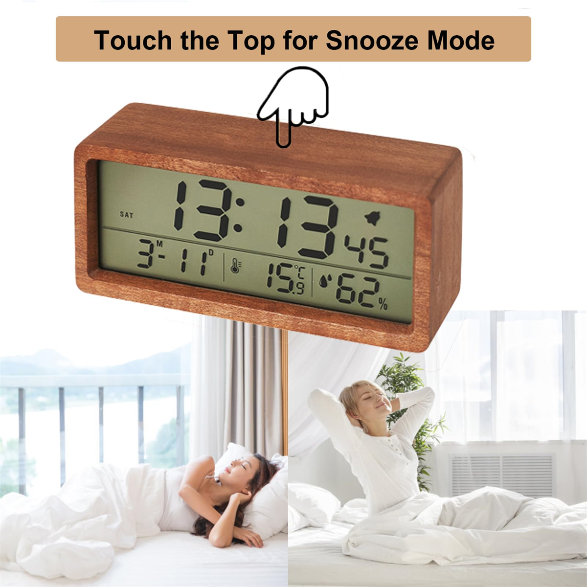 Digitaluhr aus Holz mit Schlummerfunktion. Zwei Personen im Bett, eine schlafend, eine aufwachend.