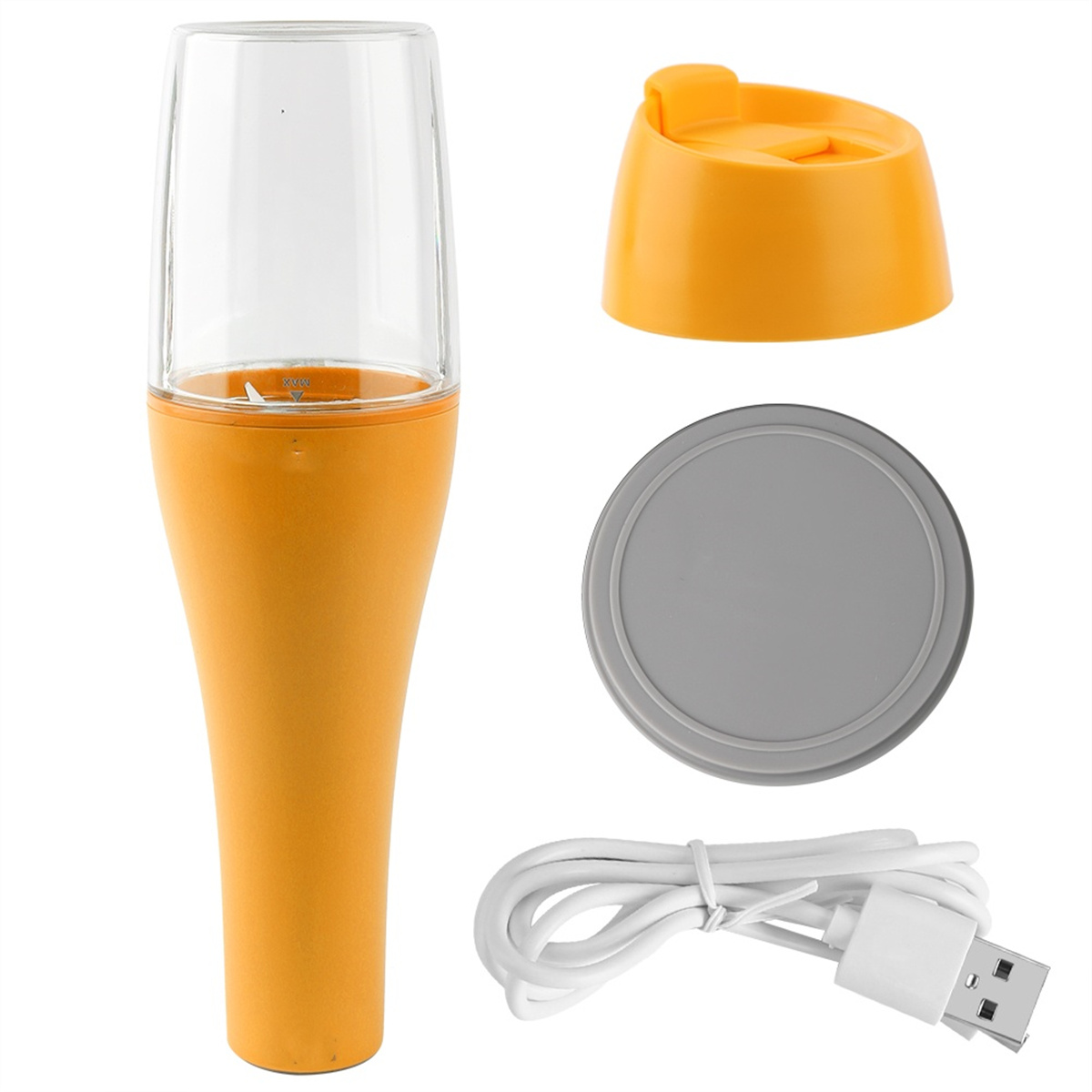 Orangener und klarer Mixer mit Deckel, Sockel und USB-Kabel. Komponenten angeordnet.