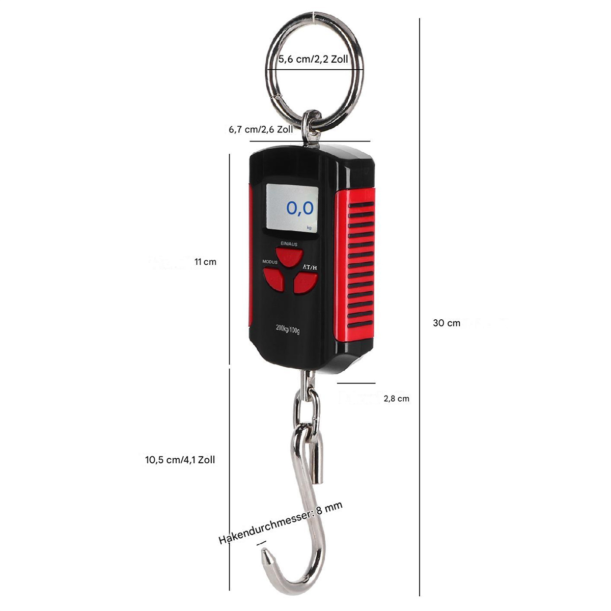Schwarze und rote digitale Hängewaage mit Haken, Ring und Maßen in cm/Zoll.