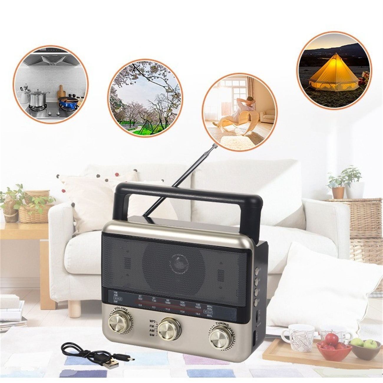 Ein Radio im Retro-Stil mit verschiedenen Symbolen für Aktivitäten wie Kochen und Natur, die es umgeben.