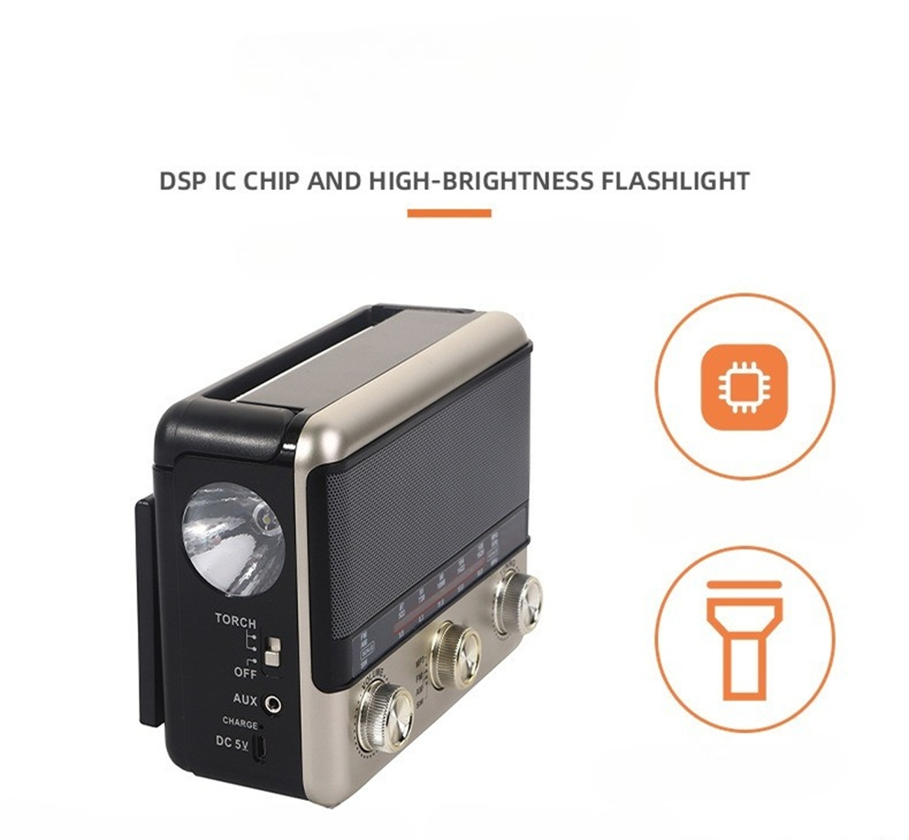 Ein kleines Radio mit Taschenlampe und Knöpfen. Text: 'DSP IC CHIP UND HOCHHELLIGKEIT-TASCHENLAMPE'.