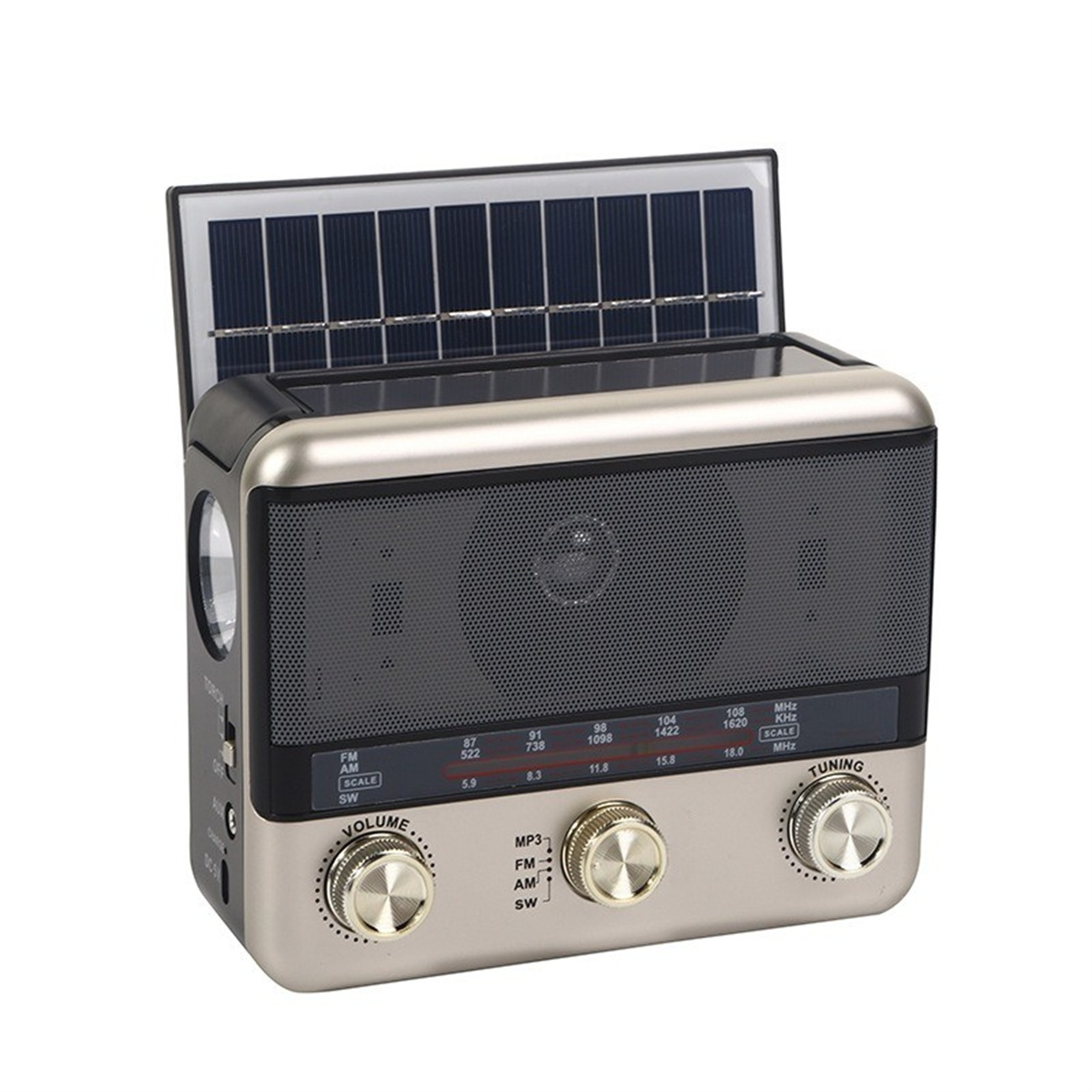 Silber-schwarzes Radio mit Solarpanel. Hat Lautstärke, Tuning-Knöpfe und Lautsprecher.