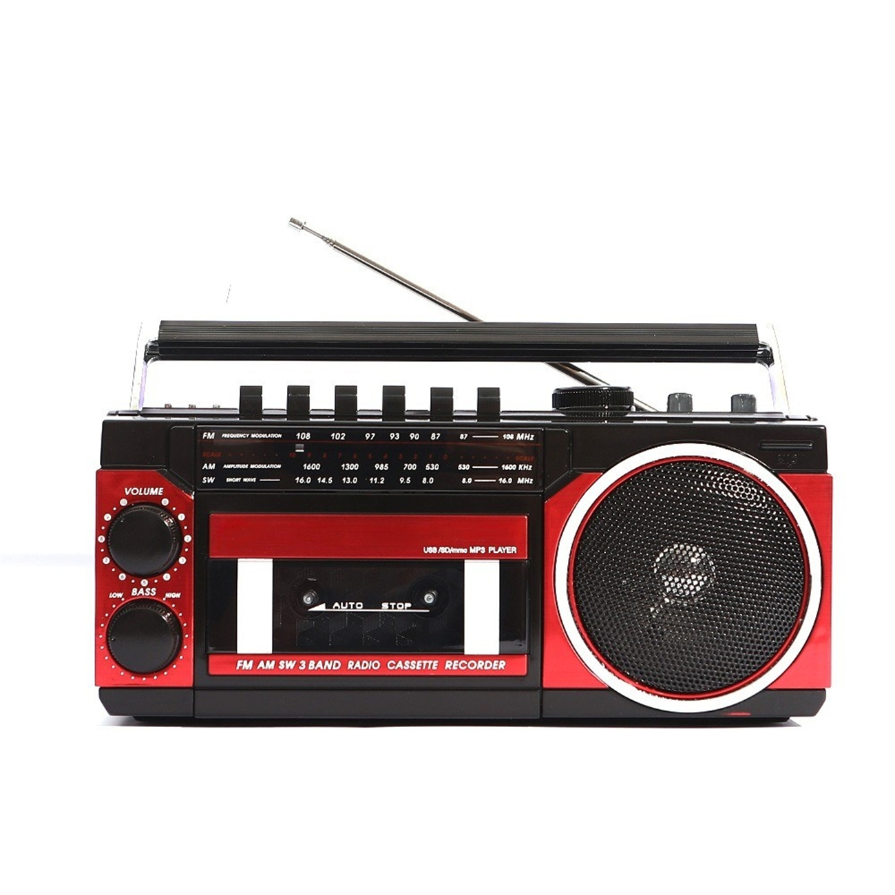 Retro-Radiokassettenrekorder mit roten und schwarzen Akzenten und einer Antenne.