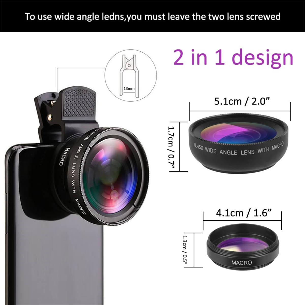Ein Smartphone mit Objektivaufsatz, neben Diagrammen, die Abmessungen und Design veranschaulichen.