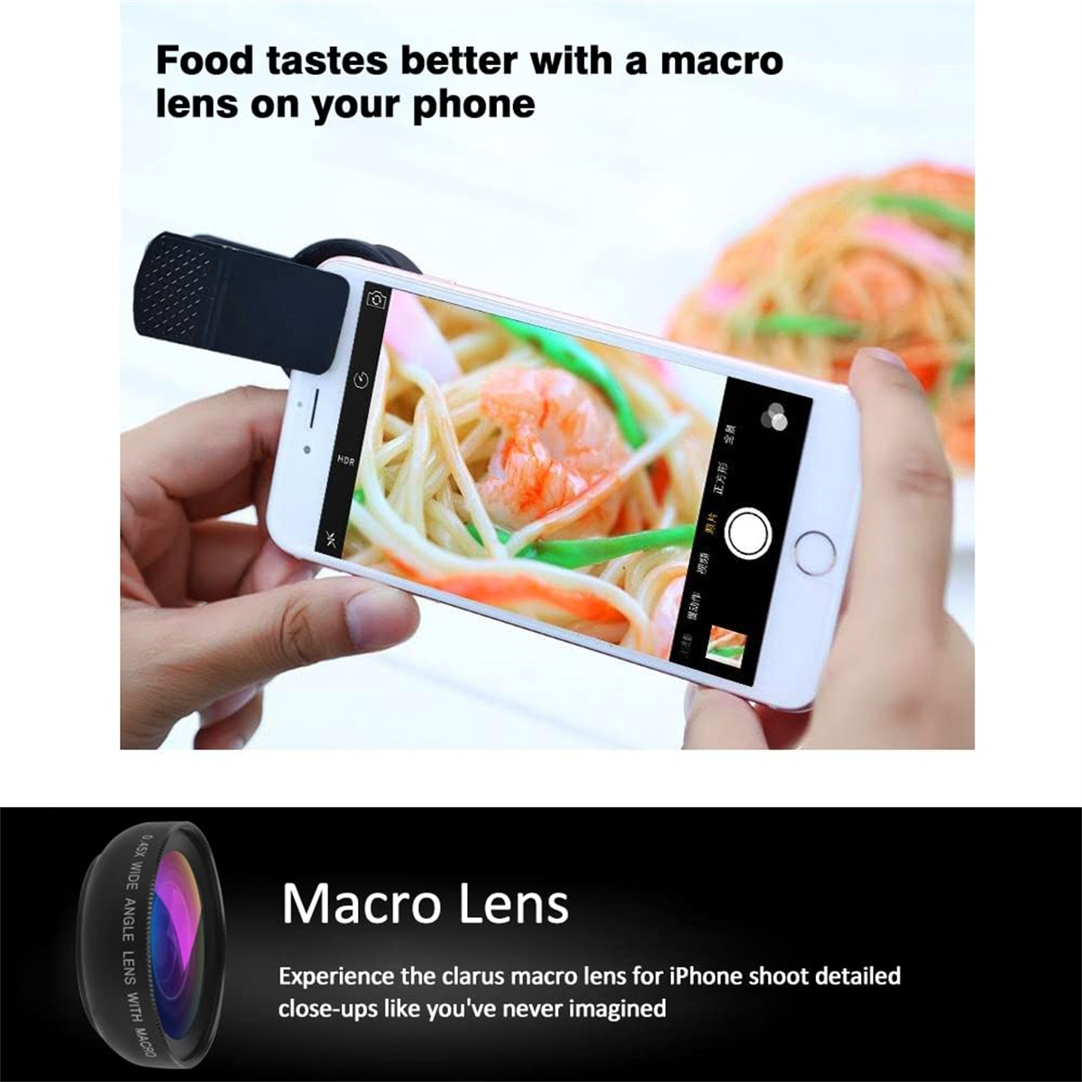Eine Makrolinse an einem Telefon, das Garnelennudeln fotografiert, Nahaufnahme, mit Textüberlagerung.