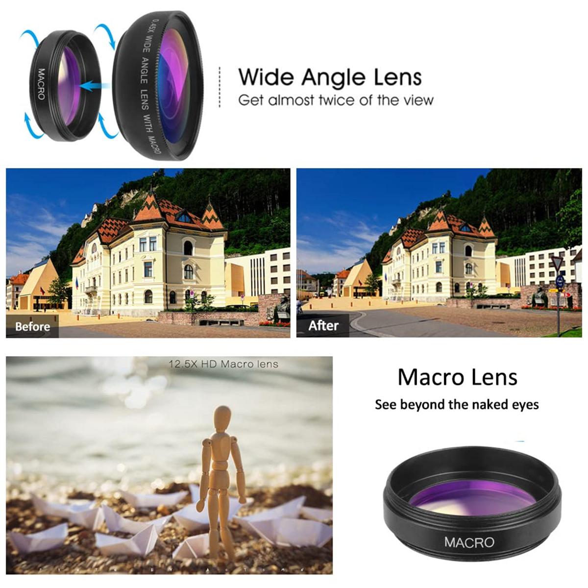 Weitwinkel- und Makroobjektive mit Vorher-Nachher-Bildern einer Landschaft.